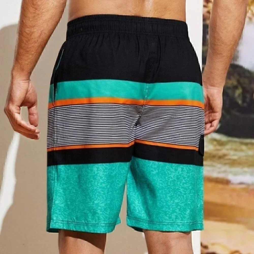 Blue Vacation Style Men's Color Block Striped Swim Trunks